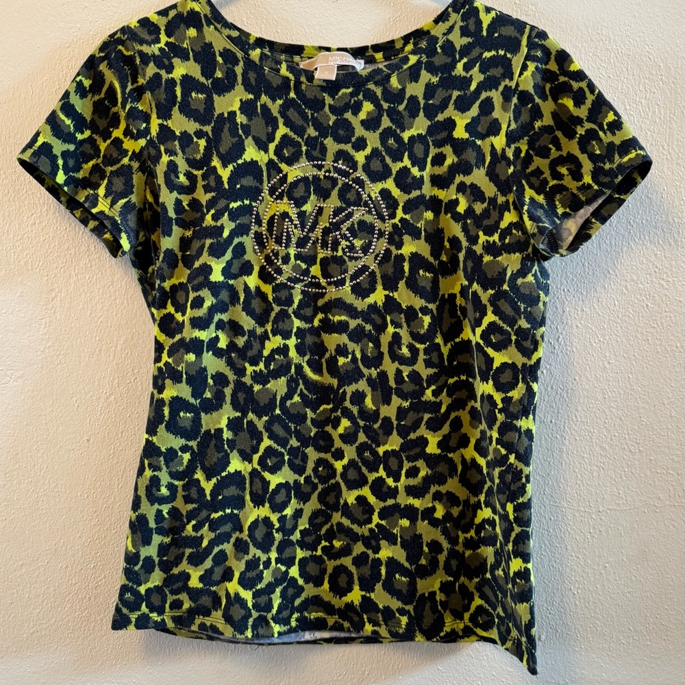 Michael Kors Green and Black Leopard Print Tee metallic rhinestones logo S